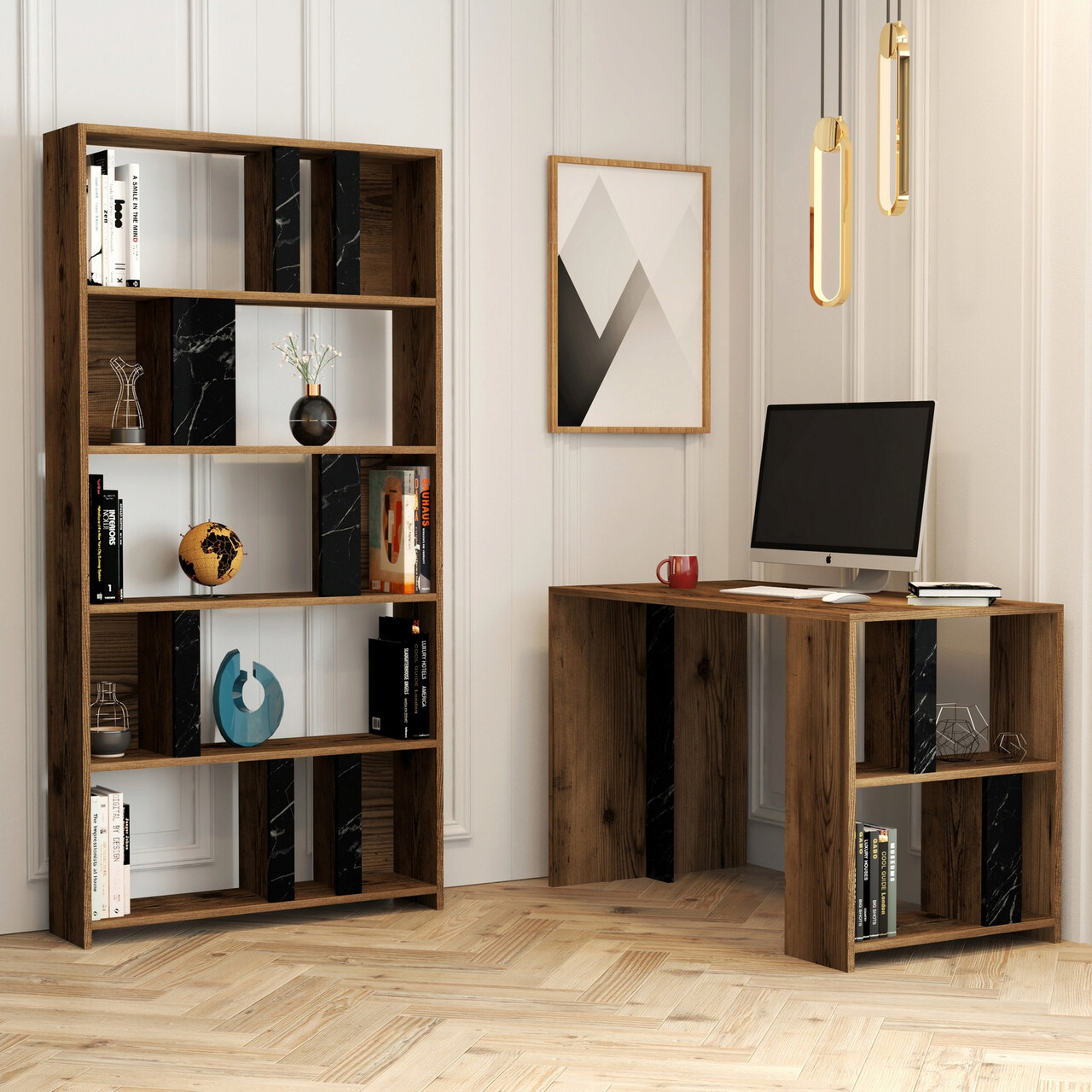 Set birou si biblioteca, Hanah Home, Lima, Nuc / Negru - imagine 4